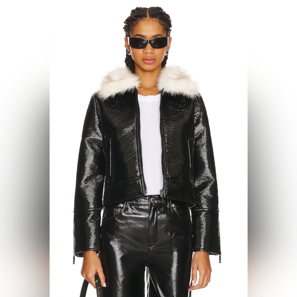 NWOT Wet Look Aviator Jacket in BlackUnreal Fur Size XS